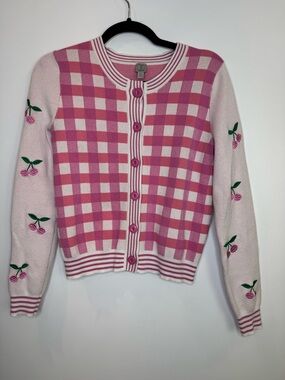 Tristan Pink Gingham Cardigan with Cherry Sleeve Embroidery size XS